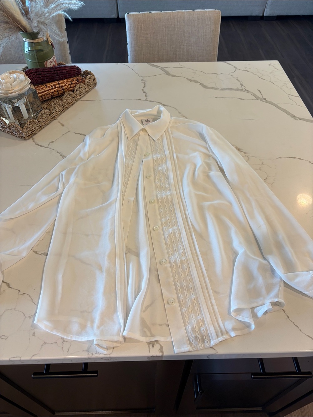 CAbi White Button-Front Shirt with Pin-Tuck & Lace Panel